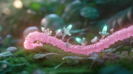 Fototapeta premium Mystical pink fungus illuminated in enchanted forest setting