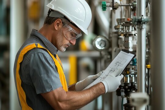 Engineer in safety gear, reviewing factory plans and technical documents, ensuring compliance with safety standards, industrial engineering, focused and responsible