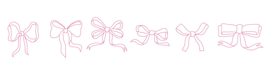 Hand-drawn whimsical pink gift bows. Girly сlipart for greeting cards, wedding invitations, posters. Monochrome line art graphic. Coquette aesthetics.