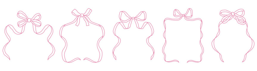 Frames with pink bows and ribbons in coquette aesthetics. Monochrome сlip art graphic for greeting cards, wedding invitations, posters. Hand-drawn illustration.