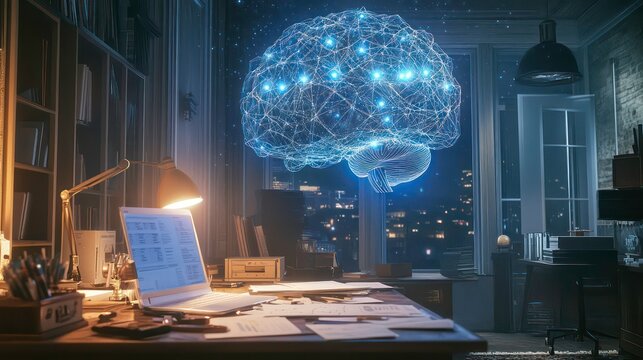 A glowing, digital brain hovers above a desk in a home office.