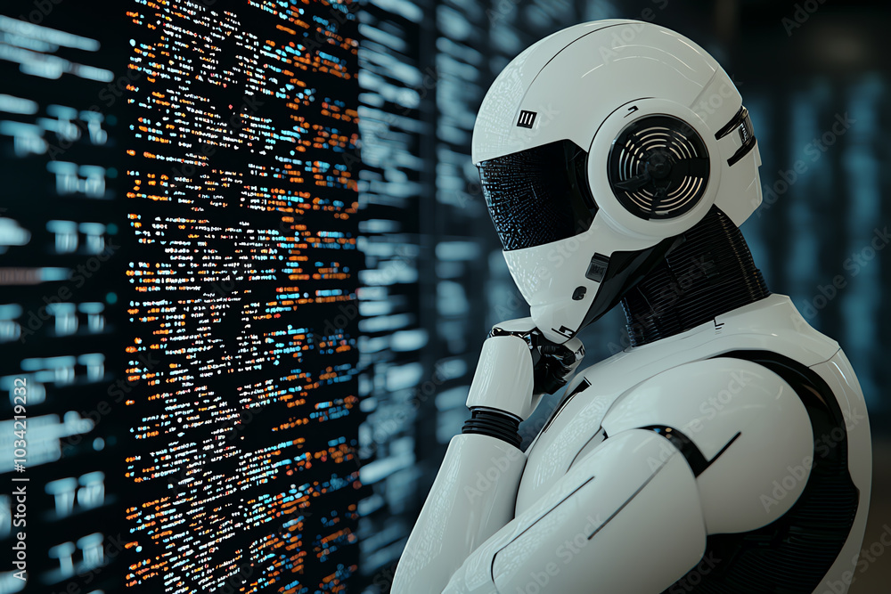 Poster robot analyzing data on screen