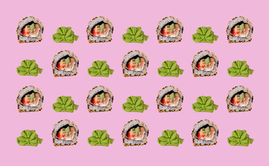 Pattern collage from japanese sushi roll and wasabi