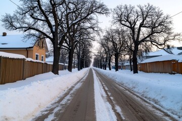 Silhouettes of leafless trees along a snowy Lithuanian street, with a pale grey sky above