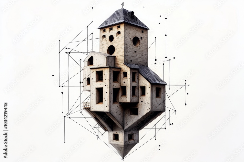 Poster simple smock mill drawing, with minimalist lines and subtle textures