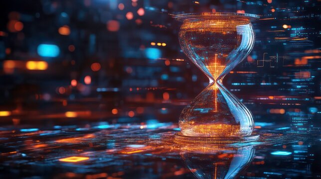 A glowing hourglass with sand flowing through it, set against a background of digital code and twinkling lights.