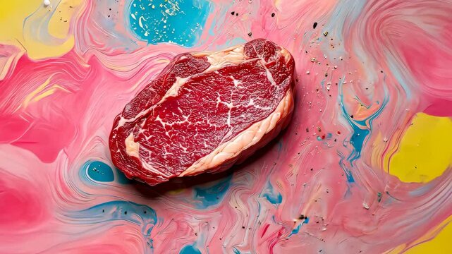 Raw beef steak lying on colorful background