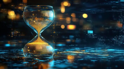 Hourglass on a digital background, representing time passing by in the digital age.