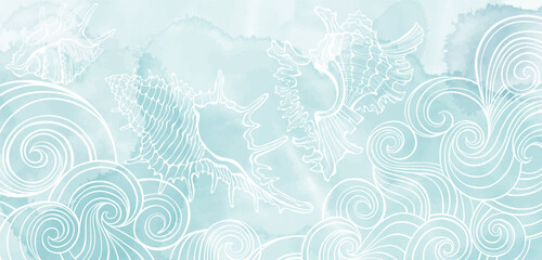 Luxury design with waves, shell and  watercolor splash. Art sea background vector. Template design for text, packaging, prints, layout decorative greeting card or invitation design background. 