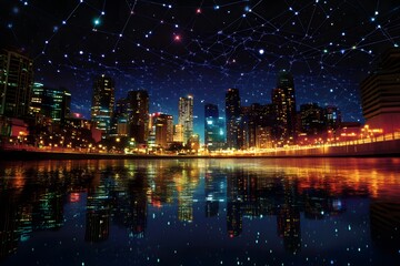 Fototapeta premium Nighttime Cityscape with Connected Lights Reflecting in Water
