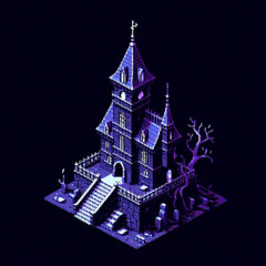 Obraz premium Isometric pixel art scary church in the night