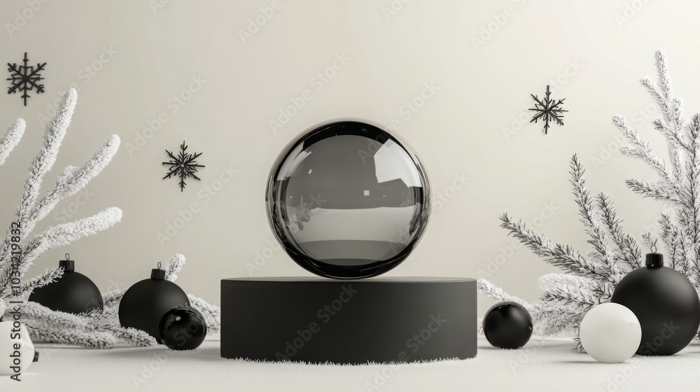 Poster a sleek black orb sits elegantly atop a circular podium, surrounded by white and black ornaments and