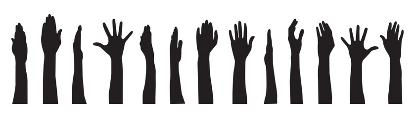 hands silhouettes, Raised hands vector silhouettes, Set of hand silhouette icon logo template vector.