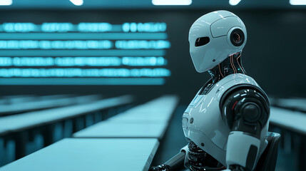 Robot in a futuristic classroom setting