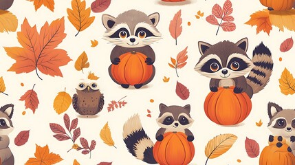 Fototapeta premium Playful woodland animals like foxes, raccoons, and owls, joyfully holding tiny pumpkins, surrounded by vibrant autumn leaves, soft sunlight, and rich fall tones, arranged in a seamless pattern.