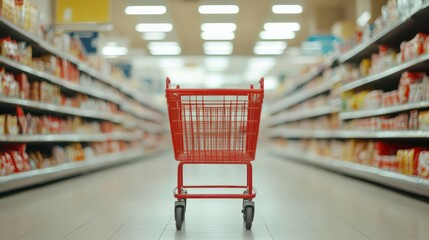 A red shopping cart stands in the middle of an aisle in a grocery store, with shelves of products blurred in the background.