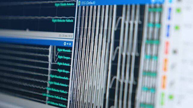 Waves of the patient's brain on the computer monitor. Close up. Modern medical equipment in surgery room.