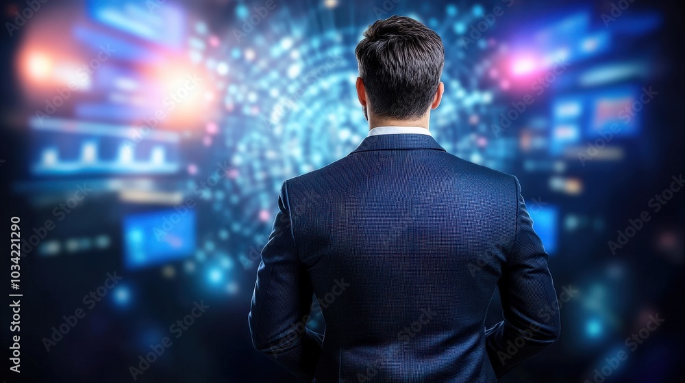 Poster a man in a suit is looking at a computer screen