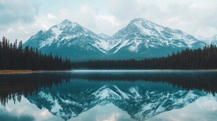 A tranquil lake reflects the majestic snow-capped mountains in a picturesque landscape.