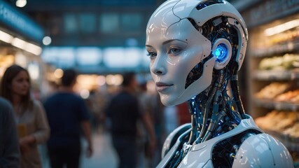 A humanoid woman strolls through the bustling city streets, showcasing a blend of technology and human-like features in an urban environment