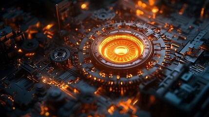 Close-up of a glowing futuristic machine with intricate gears and circuits.