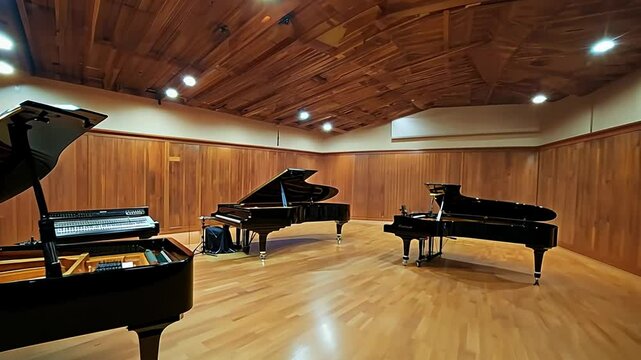 Musician plays a grand piano in a recording studio featuring wooden panel walls, creating an acoustic performance atmosphere