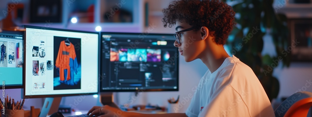 Poster young creative designer working on graphic design projects in a cozy home office during evening hour