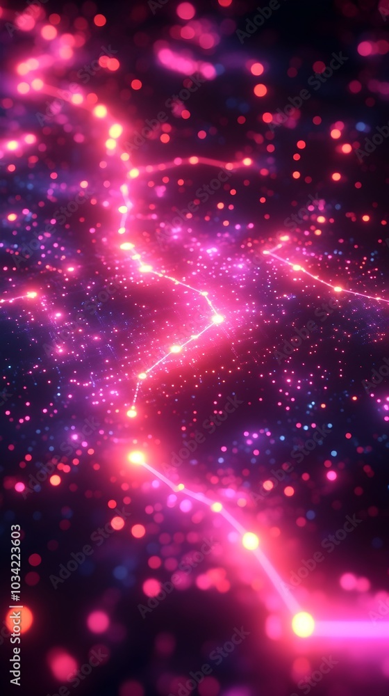 Poster neon lit technological evolution background with flowing data streams quantum entanglement simulatio