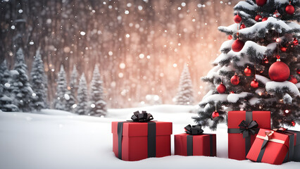 Christmas gifts in red and black wrapping under a snowy tree. generative ai.