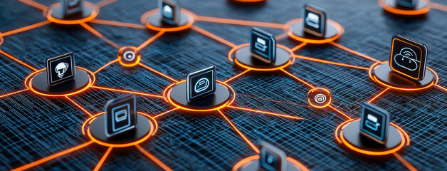 Network of Connected Devices with Orange Glowing Lines