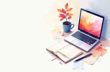 Watercolor Illustration of Notebook, Diary, Pen, and Flower Greeting Card