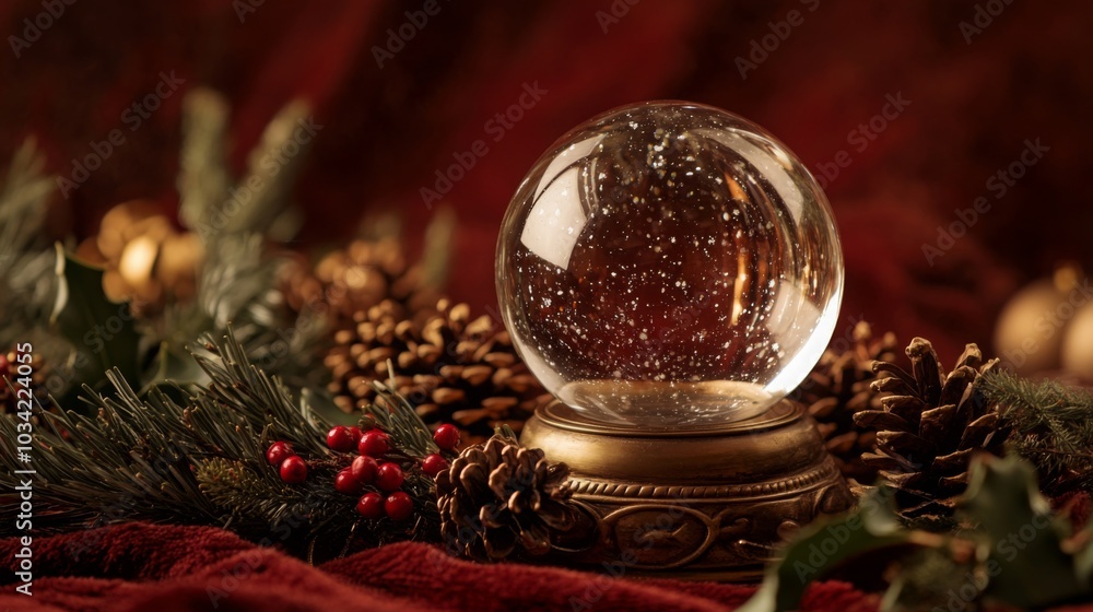 Poster a glass snow globe with a gold base sits on a red surface surrounded by pine branches, pinecones, an