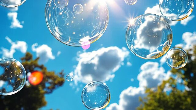 Soap bubbles float gracefully in a sunny blue sky, surrounded by fluffy white clouds and warm sunlight