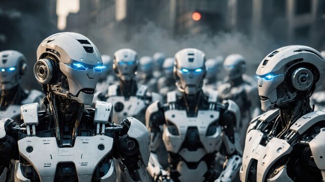 A group of humanoid soldier robots, designed for combat with advanced armor and powerful features. Their imposing presence reflects strength and futuristic warfare