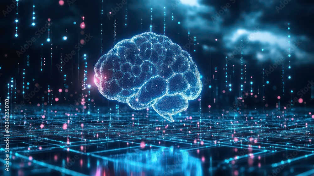 Poster a digital representation of a human brain with glowing lines and dots, suggesting artificial intelli