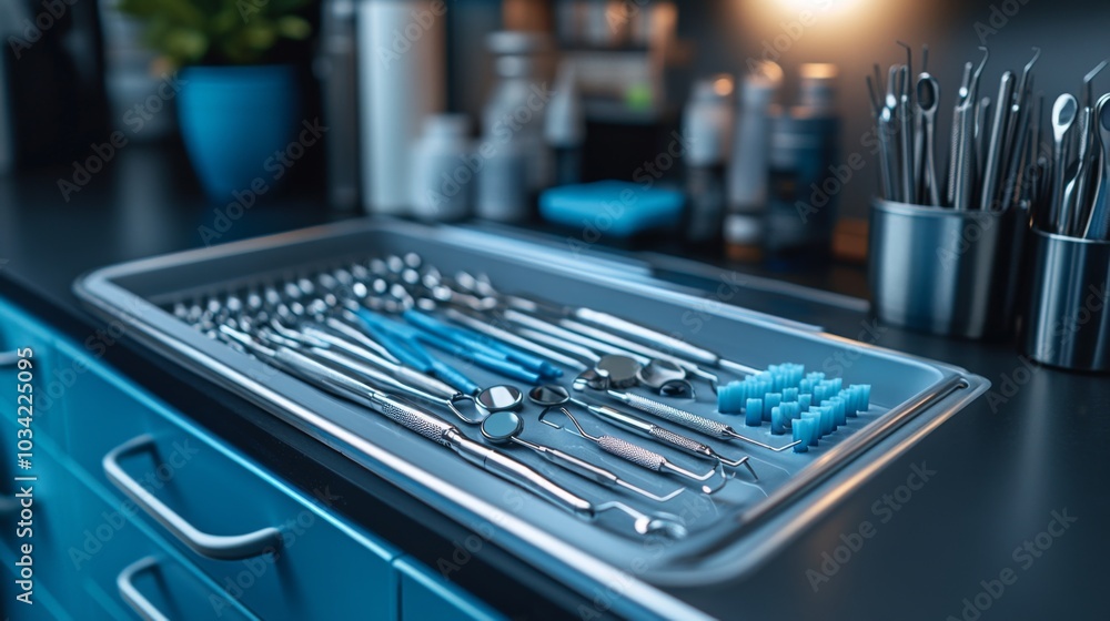 Aufkleber the workbench is neatly arranged with various dental instruments, including mirrors and probes, all 