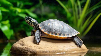 Obraz premium A tranquil scene featuring a turtle basking on a rock in calm water, showcasing the beauty of nature and wildlife in a serene environment.