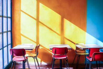 Colorful Cafe Setting with Aligned Tables and Chairs by a Sunlit Window – Modern Restaurant Interior