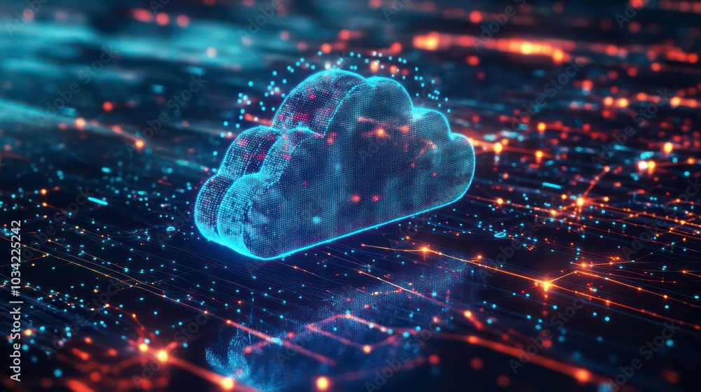 Poster a digital representation of a cloud computing icon on a network of glowing lines.