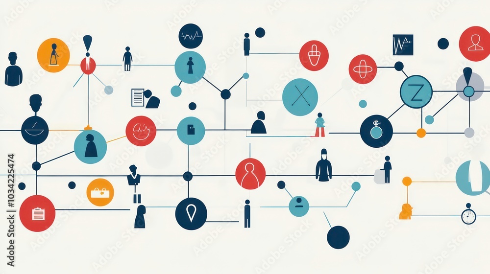 Poster a complex network of interconnected icons representing people, objects and concepts, depicting conne