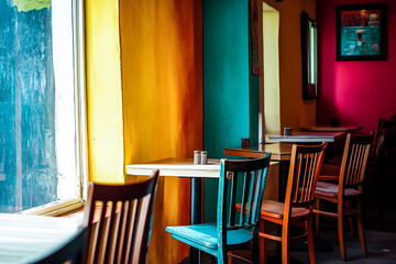 Colorful Cafe Setting with Aligned Tables and Chairs by a Sunlit Window – Modern Restaurant Interior