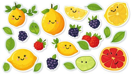 Fototapeta premium A charming collection of cartoon fruit stickers, with happy faces on lemons, limes, and berries, isolated on a white background for print and digital use.