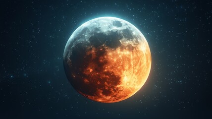 Obraz premium Dramatic Moon with Contrasting Warm and Cool Tones Against Stars - Made with Generative AI