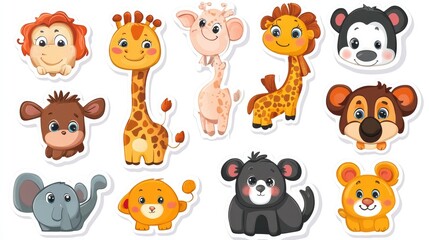 A charming set of cartoon animal stickers, with cute faces and playful expressions, displayed on a white background, great for children illustrations.