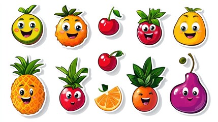 A collection of cartoon fruit stickers, including pineapples, watermelons, and cherries, with fun, exaggerated expressions on a clean white background.