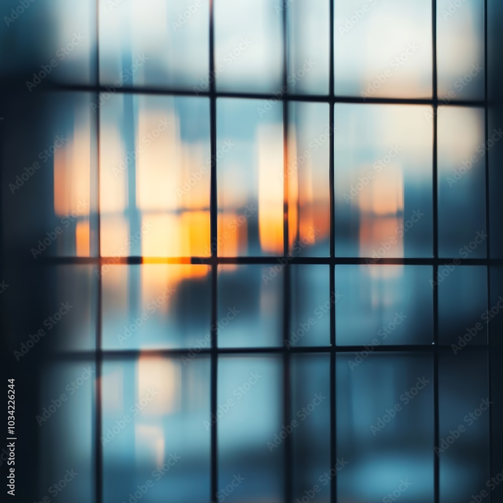 Poster abstract view of a blurred sunrise through a grid-like structure.