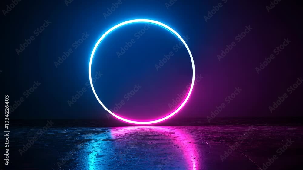 Poster colorful neon circle transitioning through a spectrum of hues in a dark, empty room