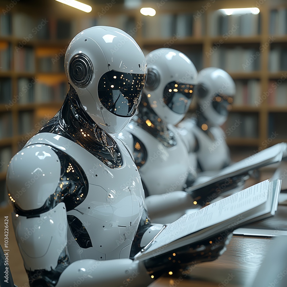 Poster three futuristic robots reading in a modern library setting, showcasing advanced technology.