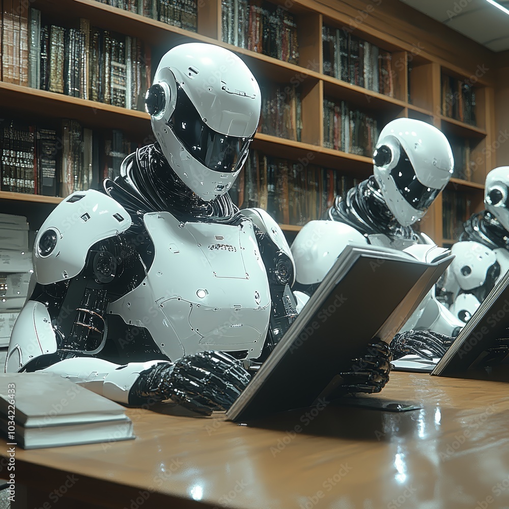 Aufkleber three humanoid robots studying intently in a modern library.