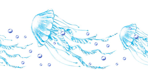 Seamless border with jellyfish and bubbles. Isolated illustration on the theme of the underwater world for textile design, marine-themed holidays, printing, restaurants